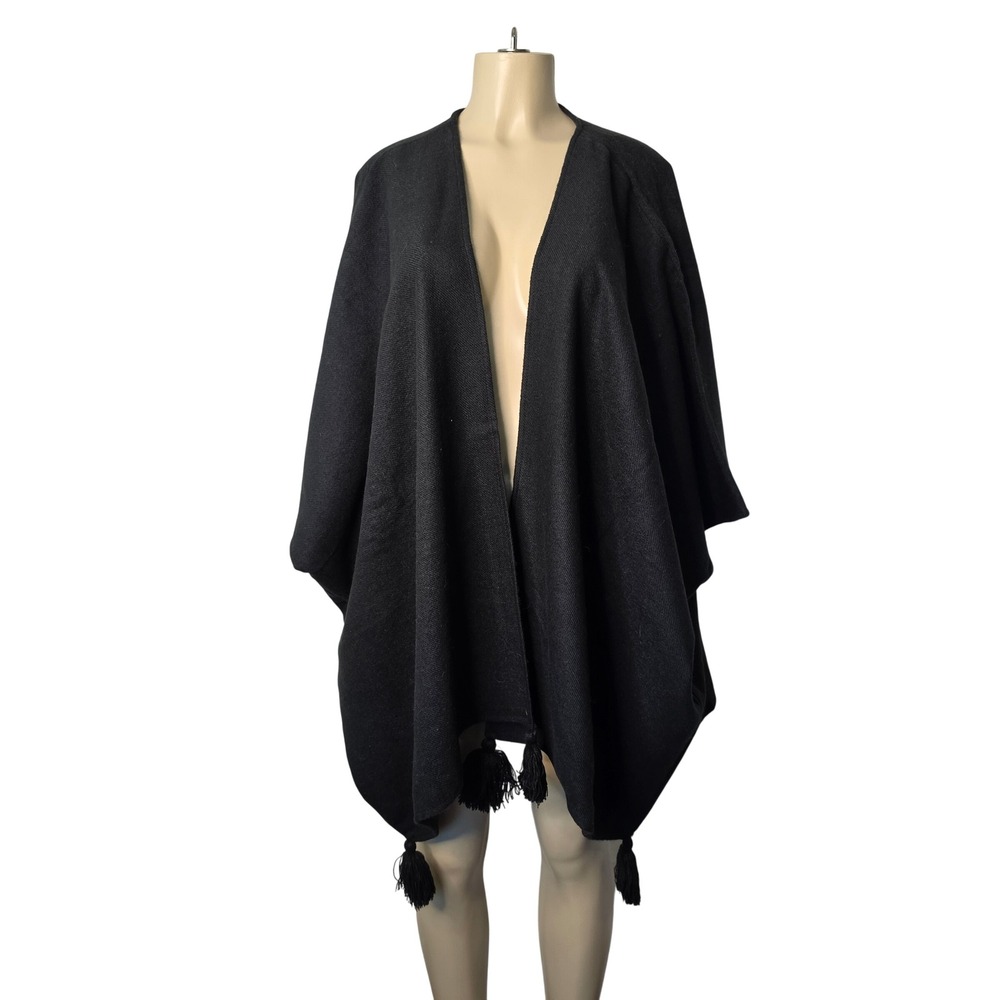 Cleobella Wrap Women OS Black Tassel Trim Open Front Poncho Shawl Cardigan